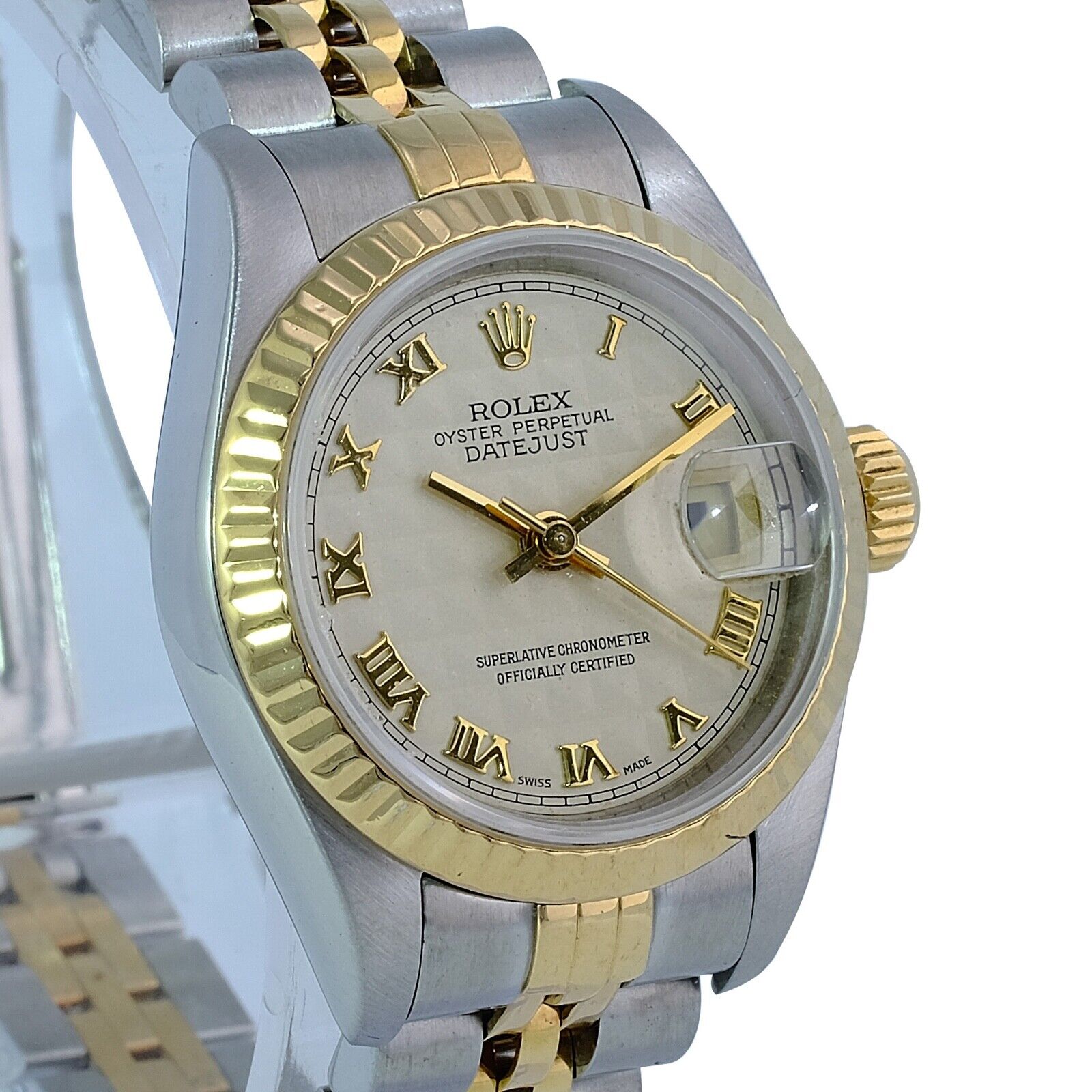 Rolex Datejust Ladies 18ky & SS Roman Pyramid Dial Fluted Jubilee Watch W/ Paper - luxuriantconcierge