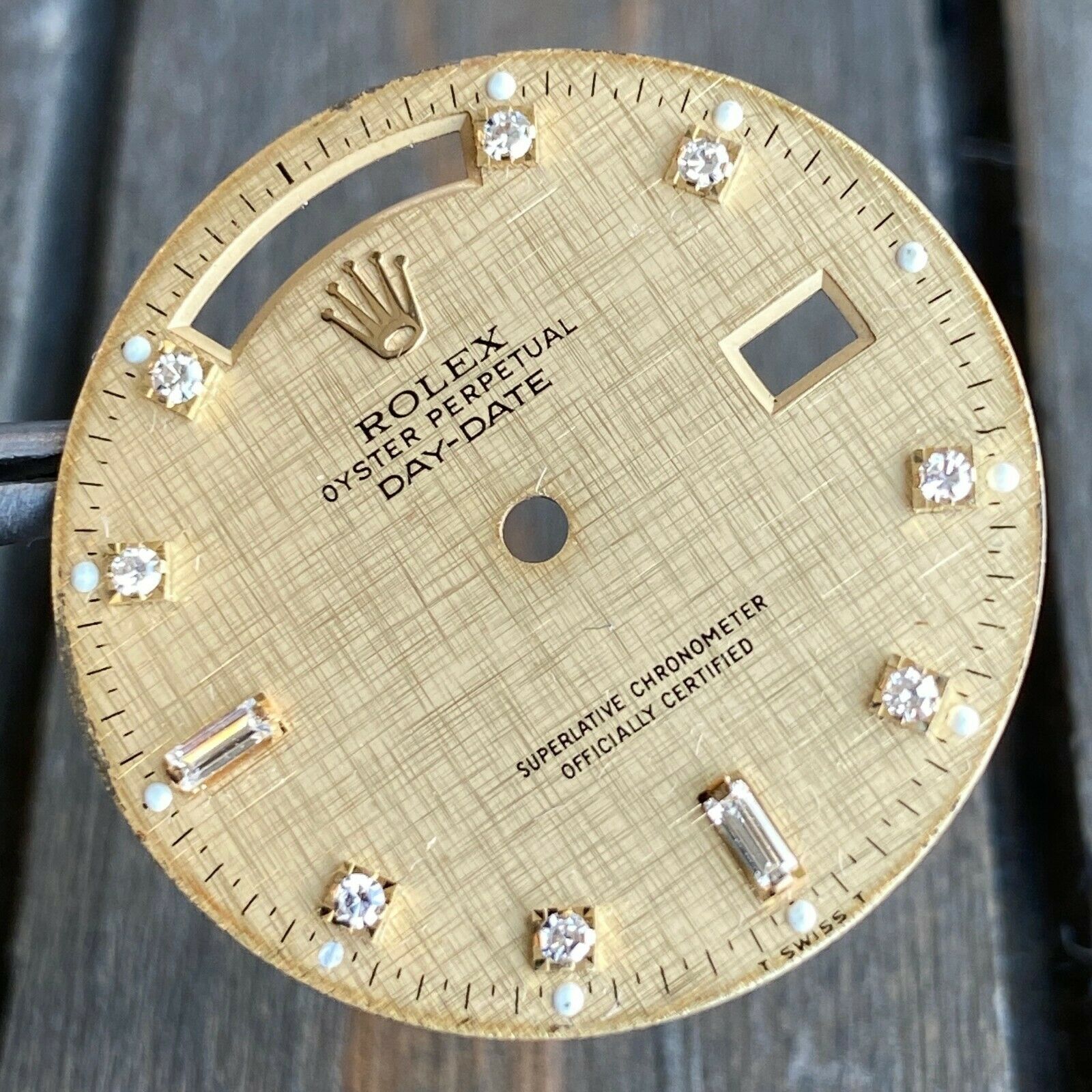 Original Rolex Day-Date 18K Yellow Gold Champagne Linen Diamond Dial 36mm - luxuriantconcierge