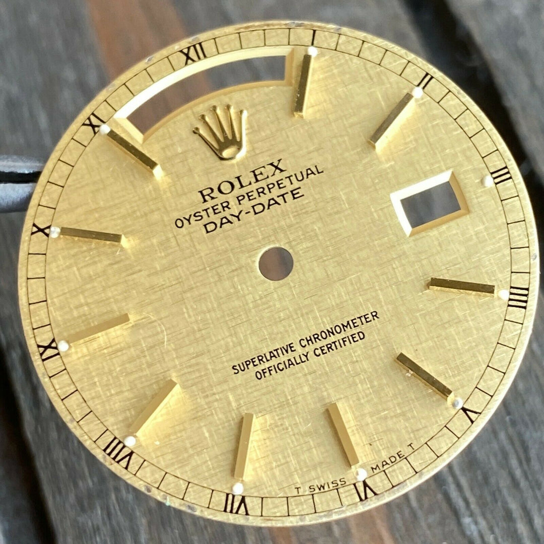 Original Rolex Day-Date 18K Yellow Champagne Linen Index Dial 36mm 18038 18238 - luxuriantconcierge