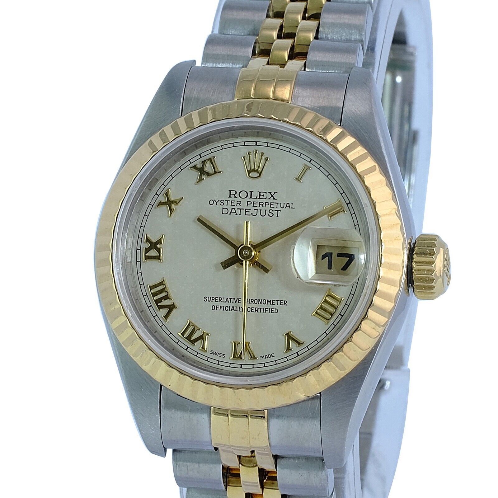 Rolex Datejust Ladies 18ky & SS Roman Pyramid Dial Fluted Jubilee Watch W/ Paper - luxuriantconcierge