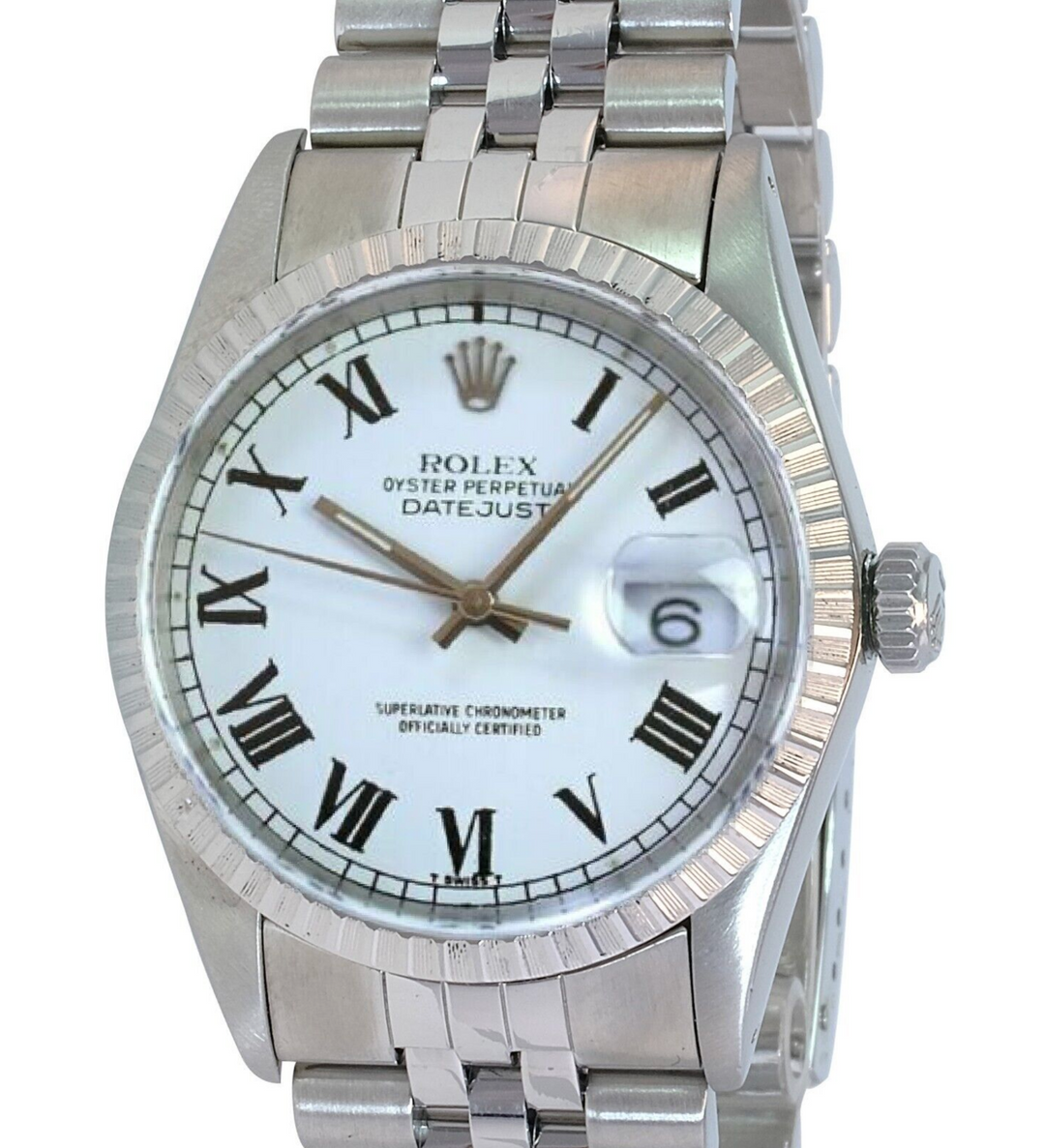 Rolex Men's Datejust Steel Factory White Buckley Dial Engine-turned 36mm Watch - luxuriantconcierge