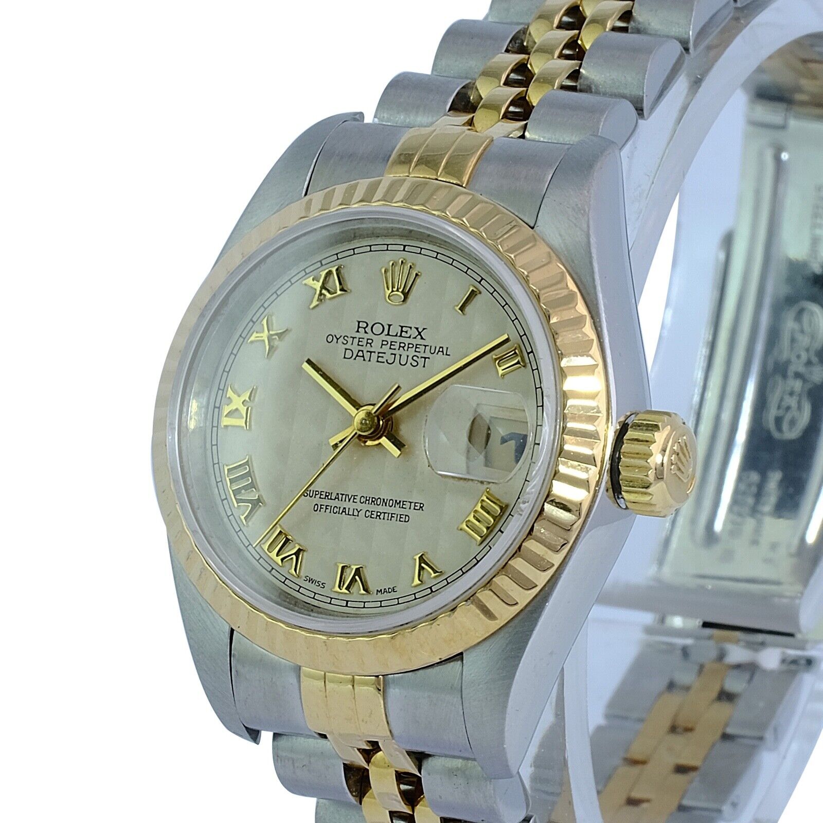 Rolex Datejust Ladies 18ky & SS Roman Pyramid Dial Fluted Jubilee Watch W/ Paper - luxuriantconcierge