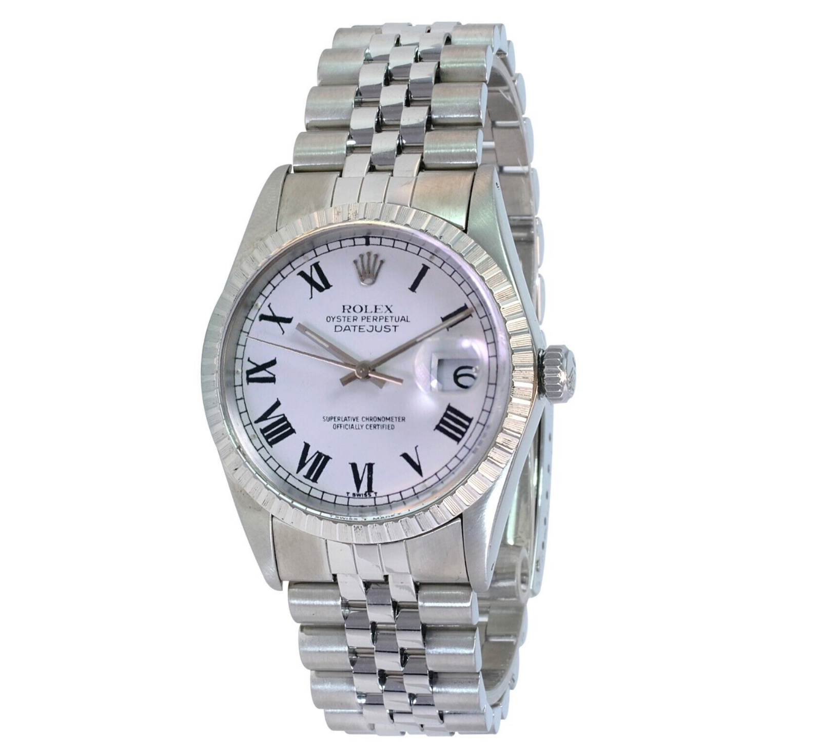 Rolex Men's Datejust Steel Factory White Buckley Dial Engine-turned 36mm Watch - luxuriantconcierge