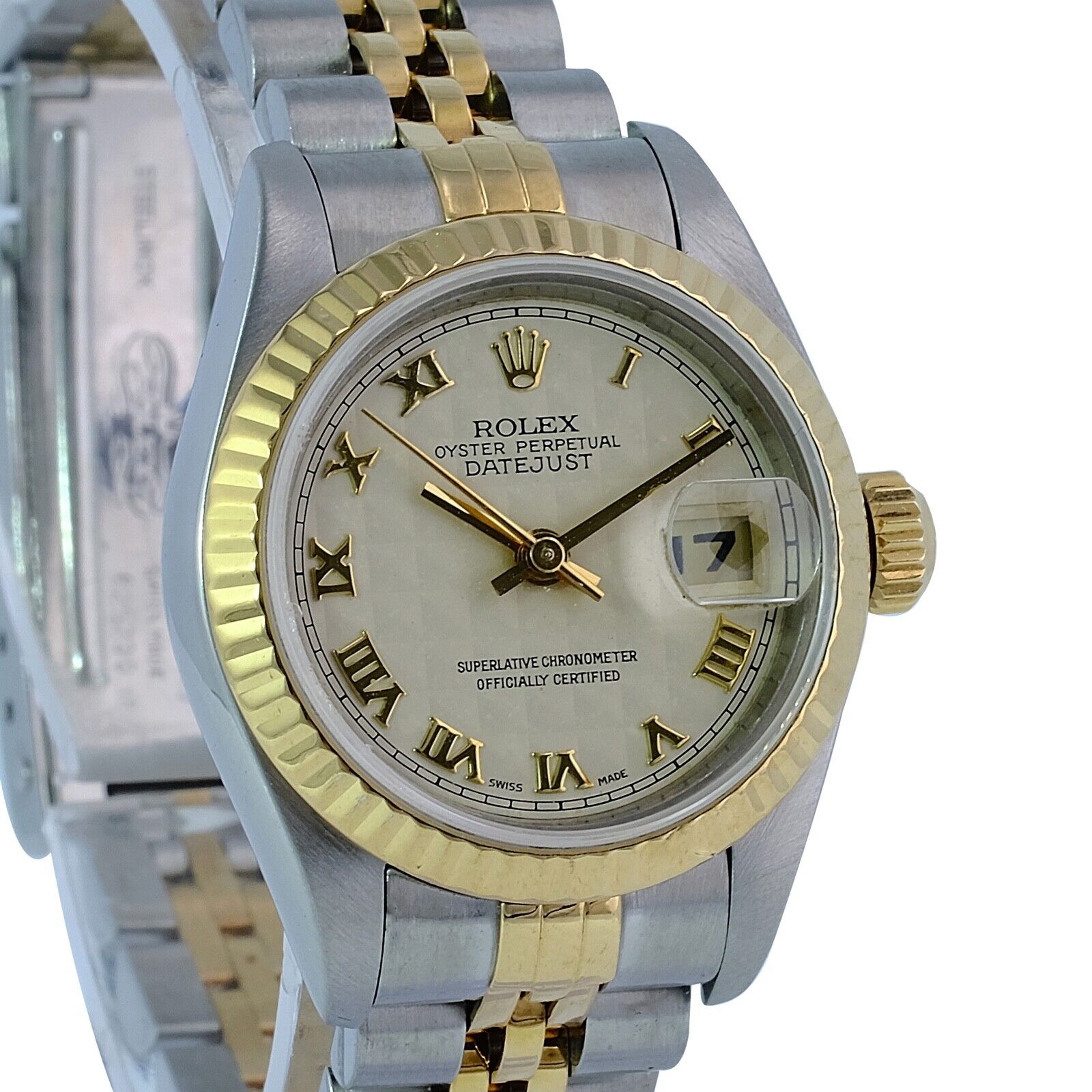 Rolex Datejust Ladies 18ky & SS Roman Pyramid Dial Fluted Jubilee Watch W/ Paper - luxuriantconcierge