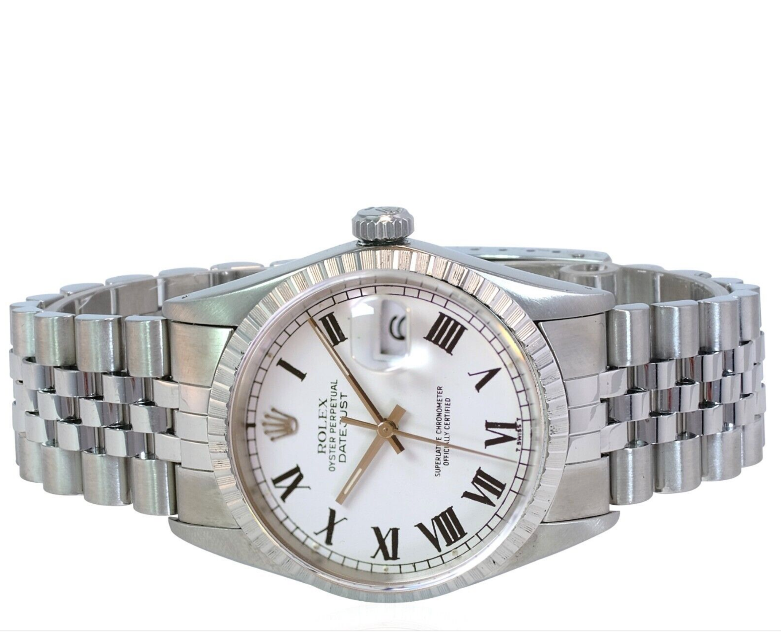 Rolex Men's Datejust Steel Factory White Buckley Dial Engine-turned 36mm Watch - luxuriantconcierge