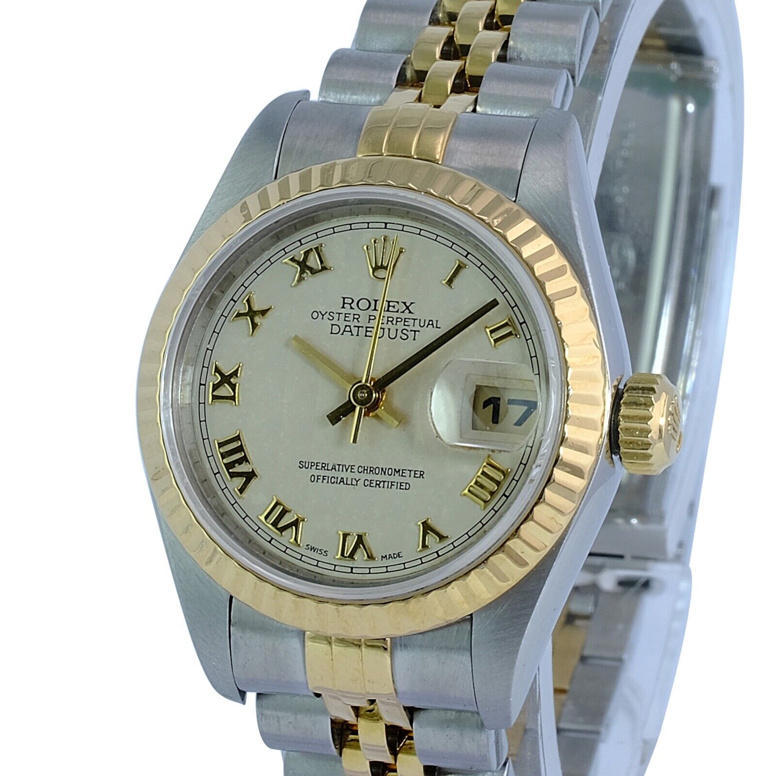 Rolex Datejust Ladies 18ky & SS Roman Pyramid Dial Fluted Jubilee Watch W/ Paper - luxuriantconcierge