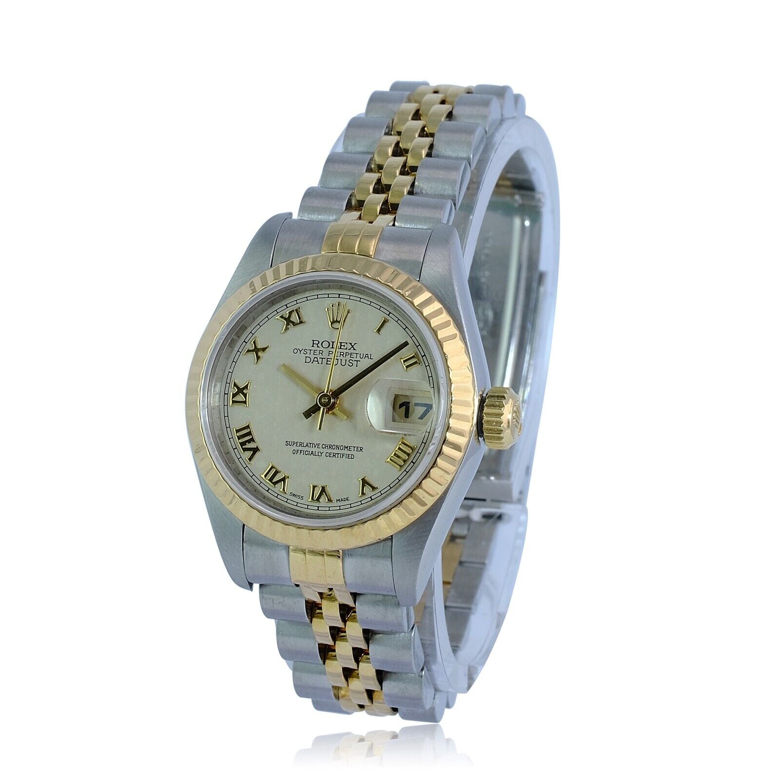 Rolex Datejust Ladies 18ky & SS Roman Pyramid Dial Fluted Jubilee Watch W/ Paper - luxuriantconcierge