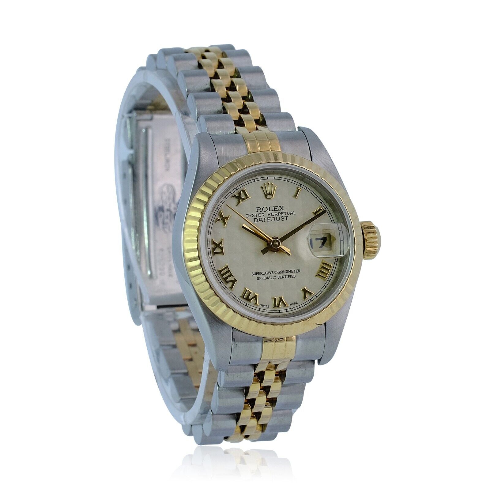 Rolex Datejust Ladies 18ky & SS Roman Pyramid Dial Fluted Jubilee Watch W/ Paper - luxuriantconcierge