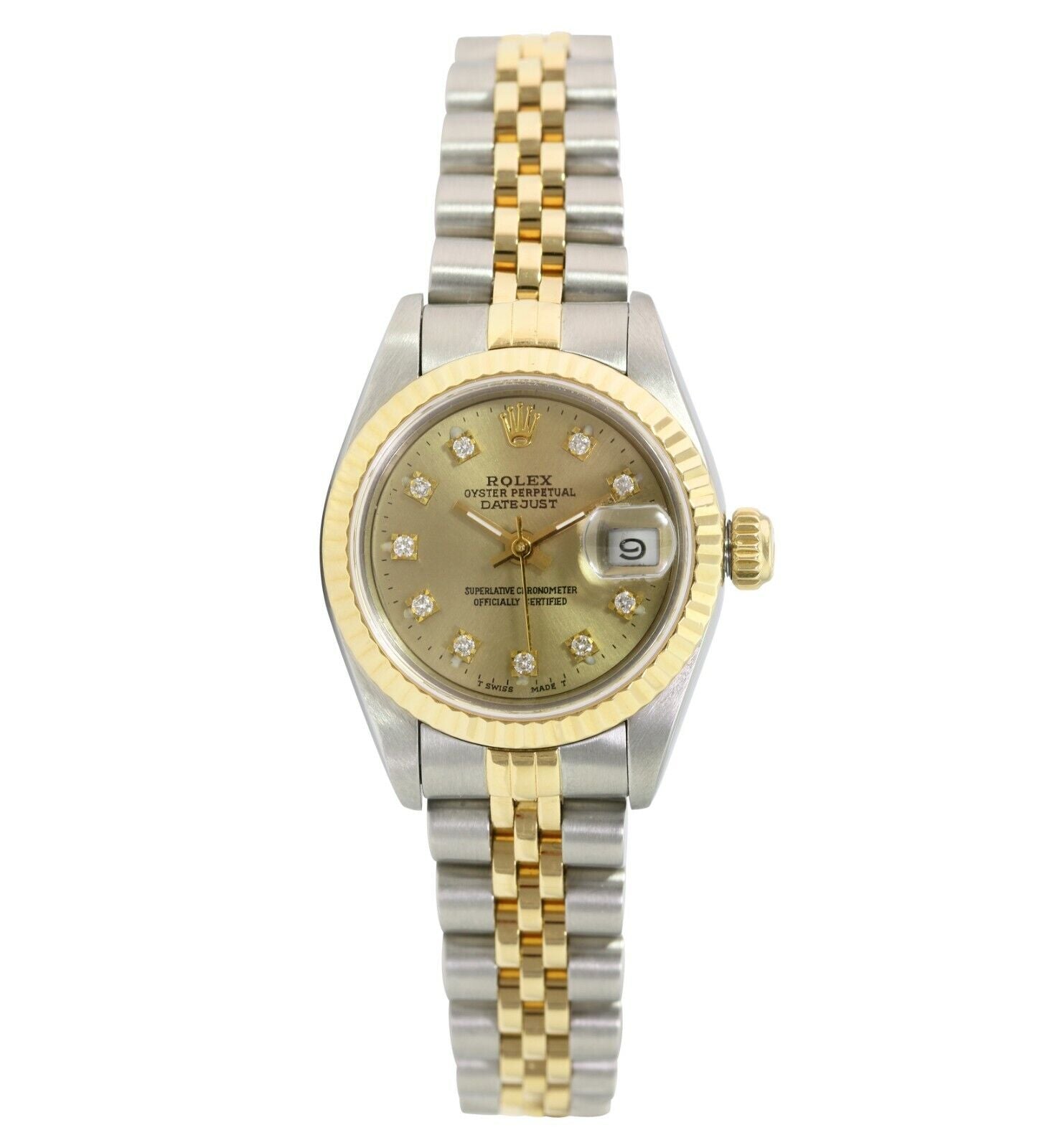 Rolex Datejust Ladies 18KY Gold & Steel Champagne Diamond Fluted Jubilee Watch - luxuriantconcierge