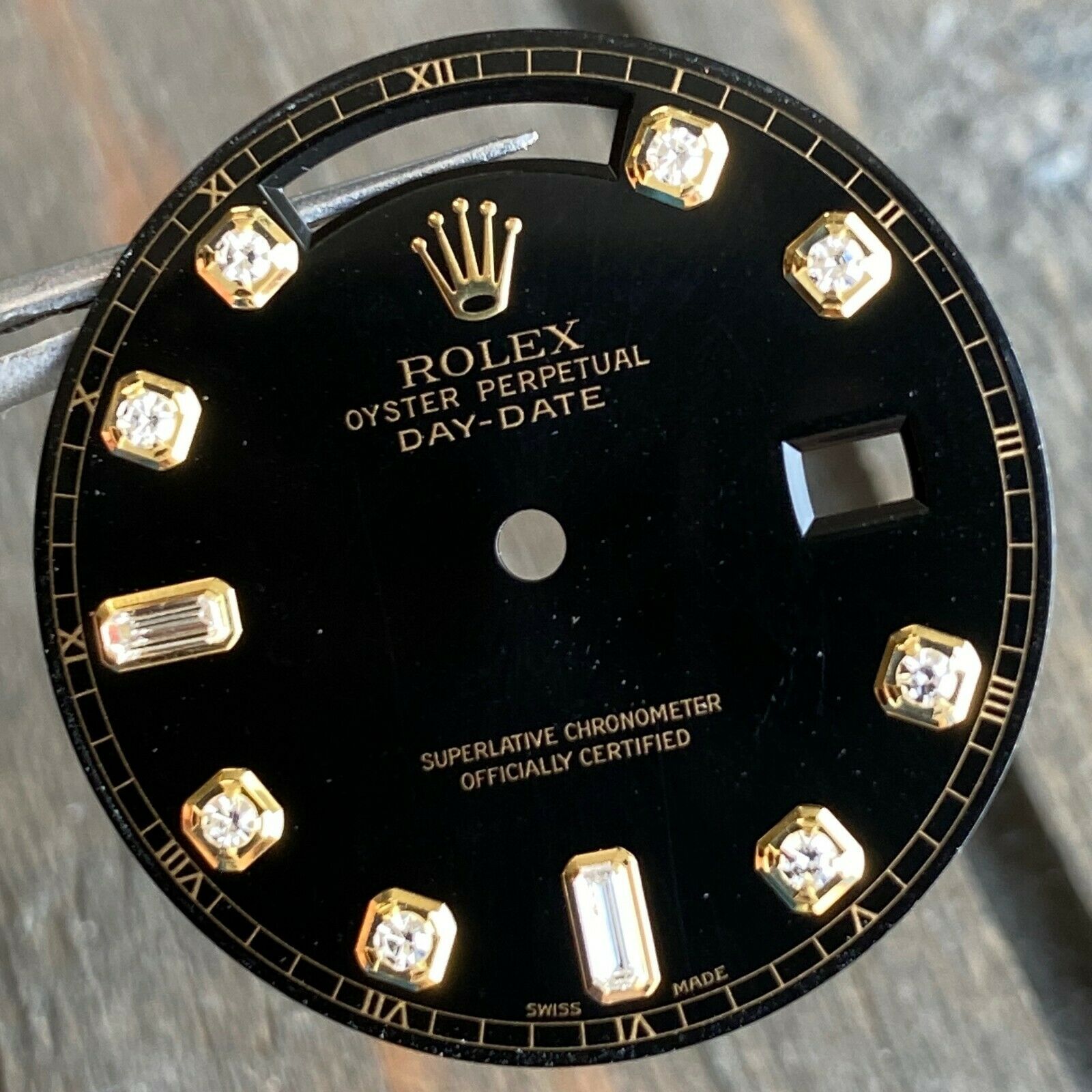 Rolex Day-Date Black Diamond Dial 8+2 Baguette Marker 18K Yellow Gold - luxuriantconcierge