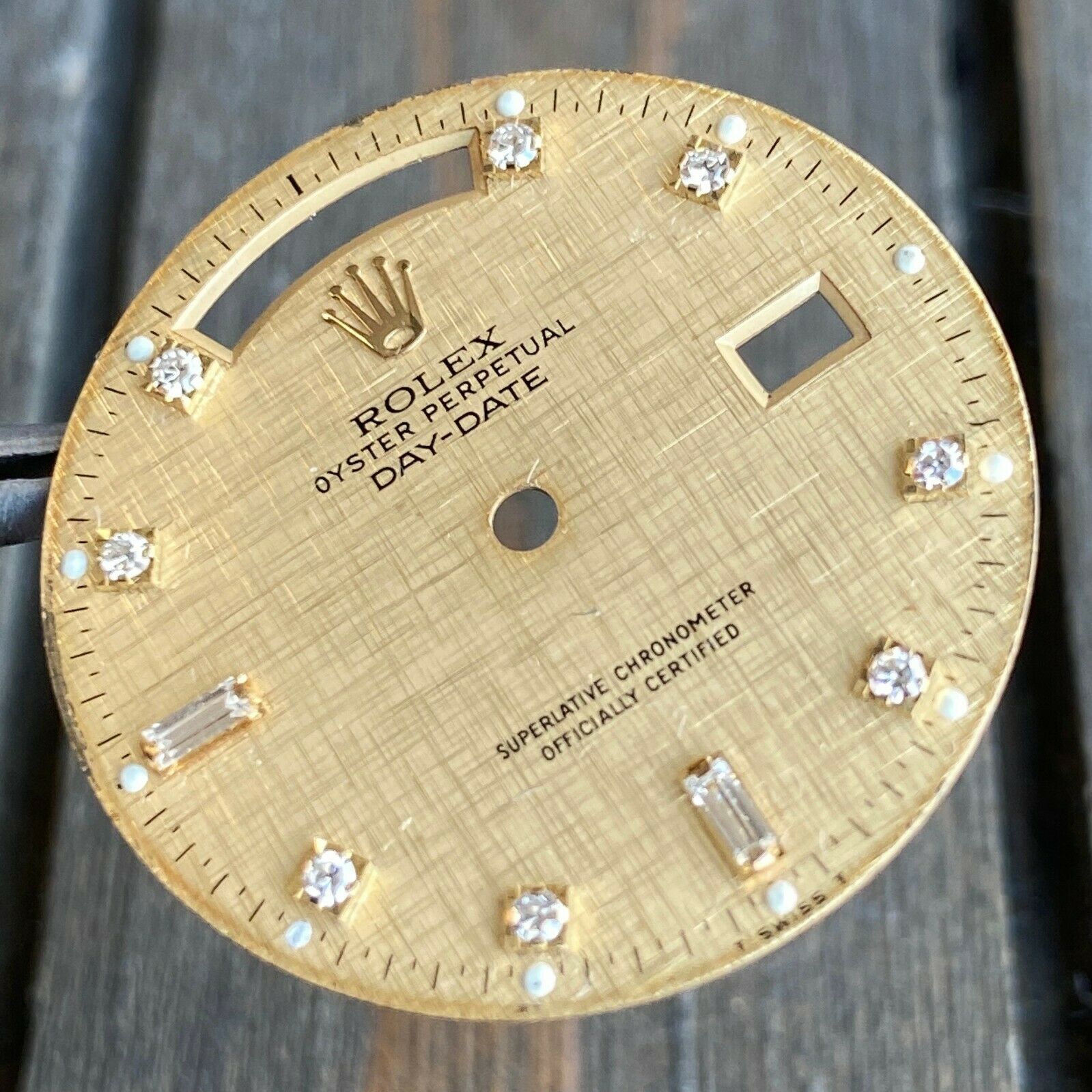 Original Rolex Day-Date 18K Yellow Gold Champagne Linen Diamond Dial 36mm - luxuriantconcierge