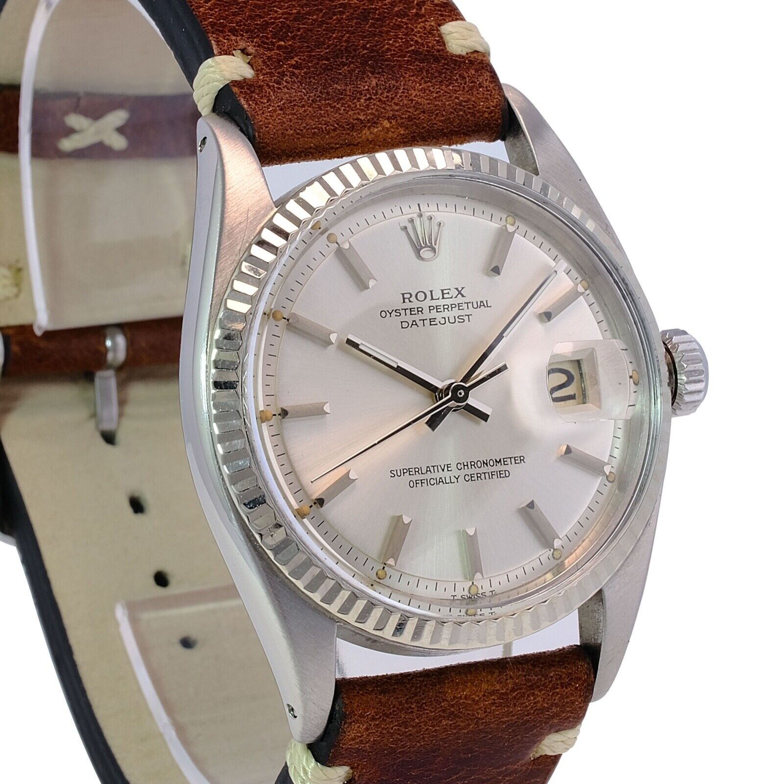 Rolex Datejust Mens White Gold & Ss 36mm Silver Index Dial Fluted Leather Watch - luxuriantconcierge