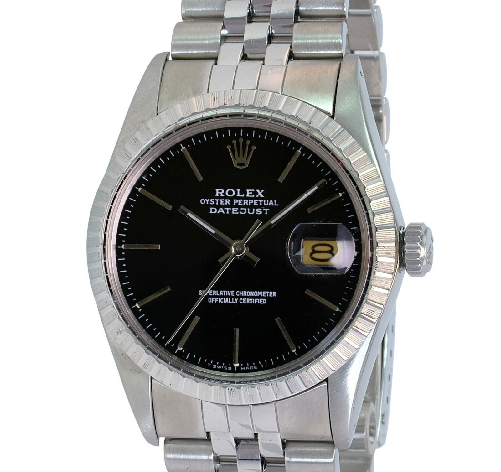 Rolex Men's Datejust S Steel Factory Black Index Dial Engine-turned 36mm Watch - luxuriantconcierge