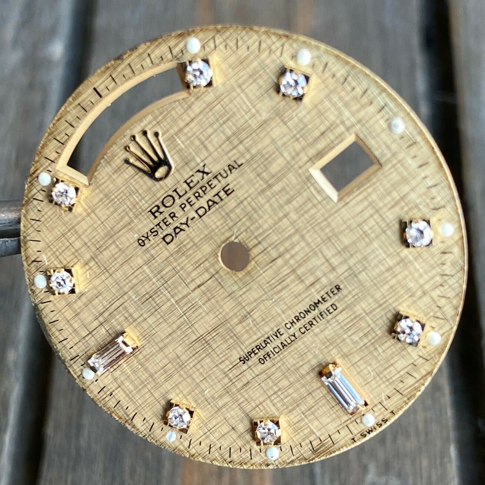 Original Rolex Day-Date 18K Yellow Gold Champagne Linen Diamond Dial 36mm - luxuriantconcierge