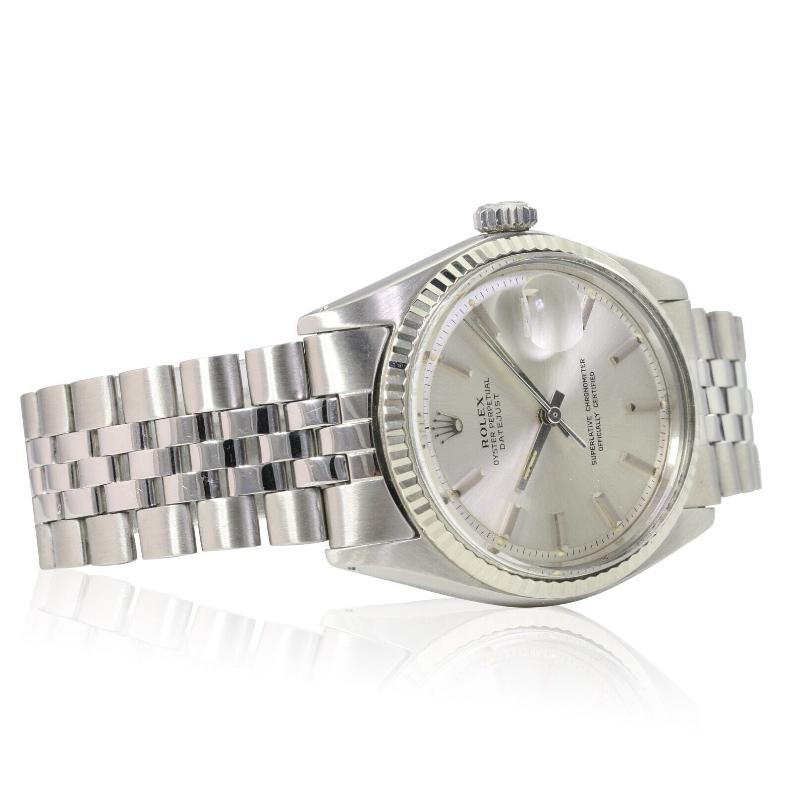 Rolex Datejust Mens White Gold & SS 36mm Silver Index Dial Fluted Jubilee Watch - luxuriantconcierge