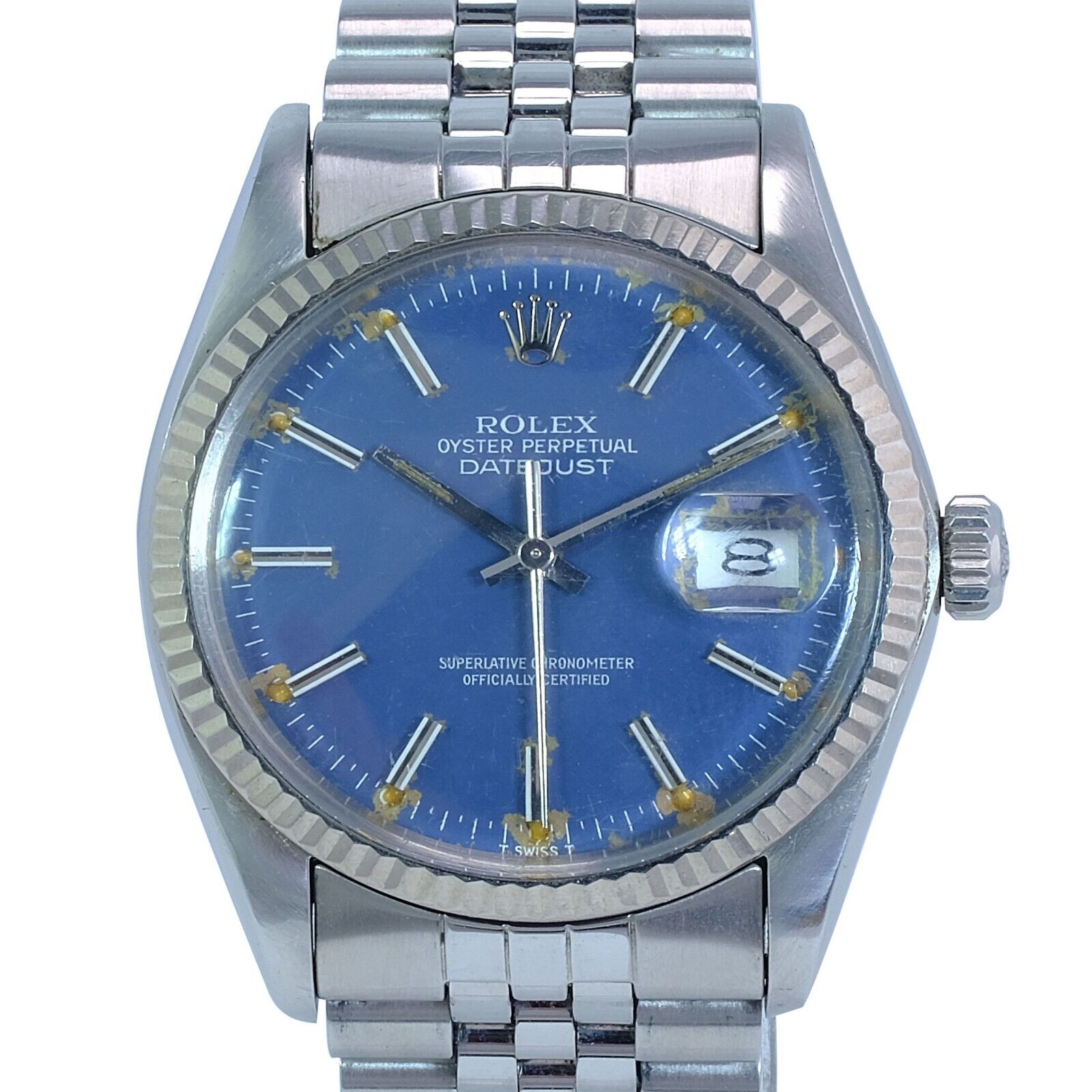 Rolex Men's Datejust Factory Blue Index Fatboy Dial 18kw Gold Bezel 36mm Watch - luxuriantconcierge