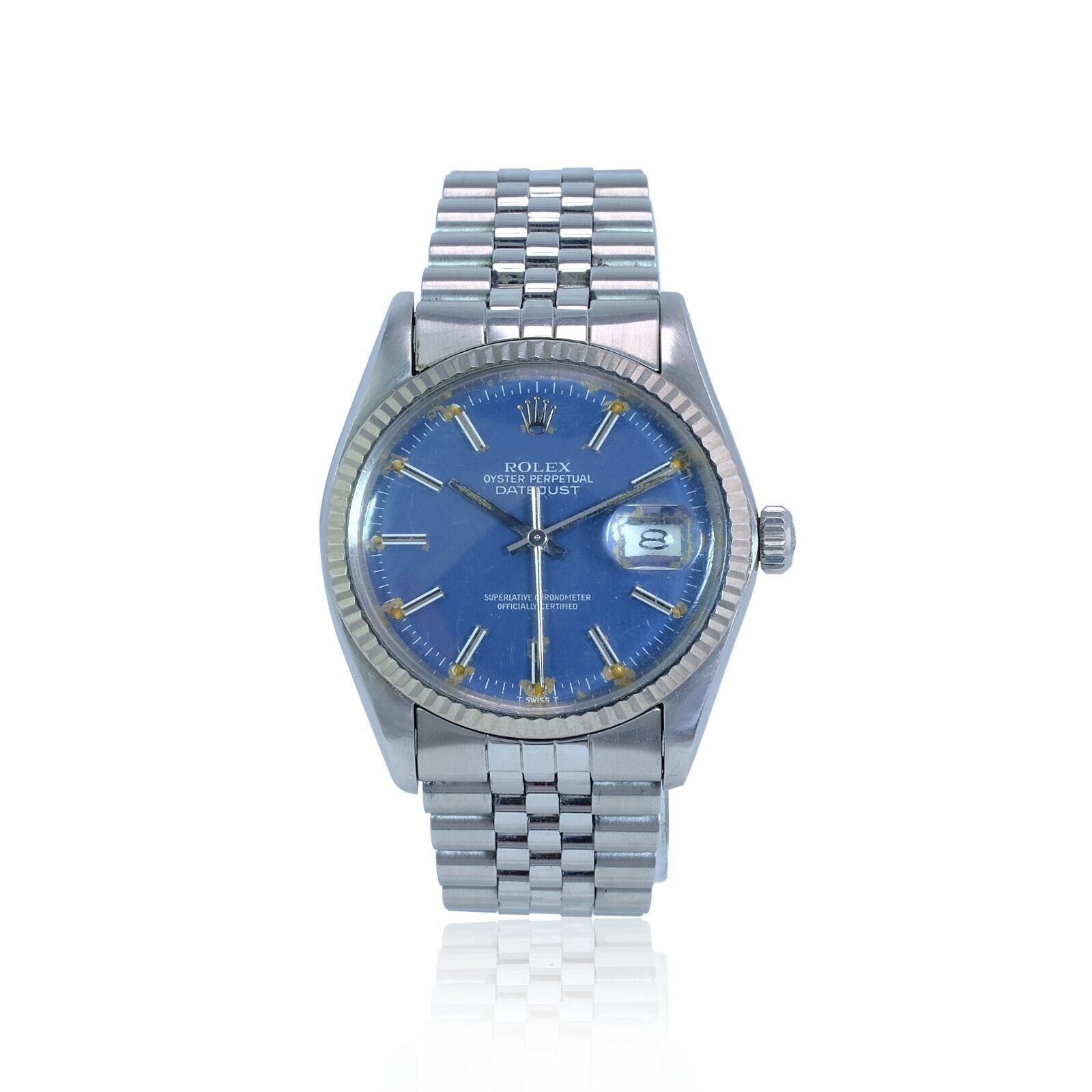 Rolex Men's Datejust Factory Blue Index Fatboy Dial 18kw Gold Bezel 36mm Watch - luxuriantconcierge