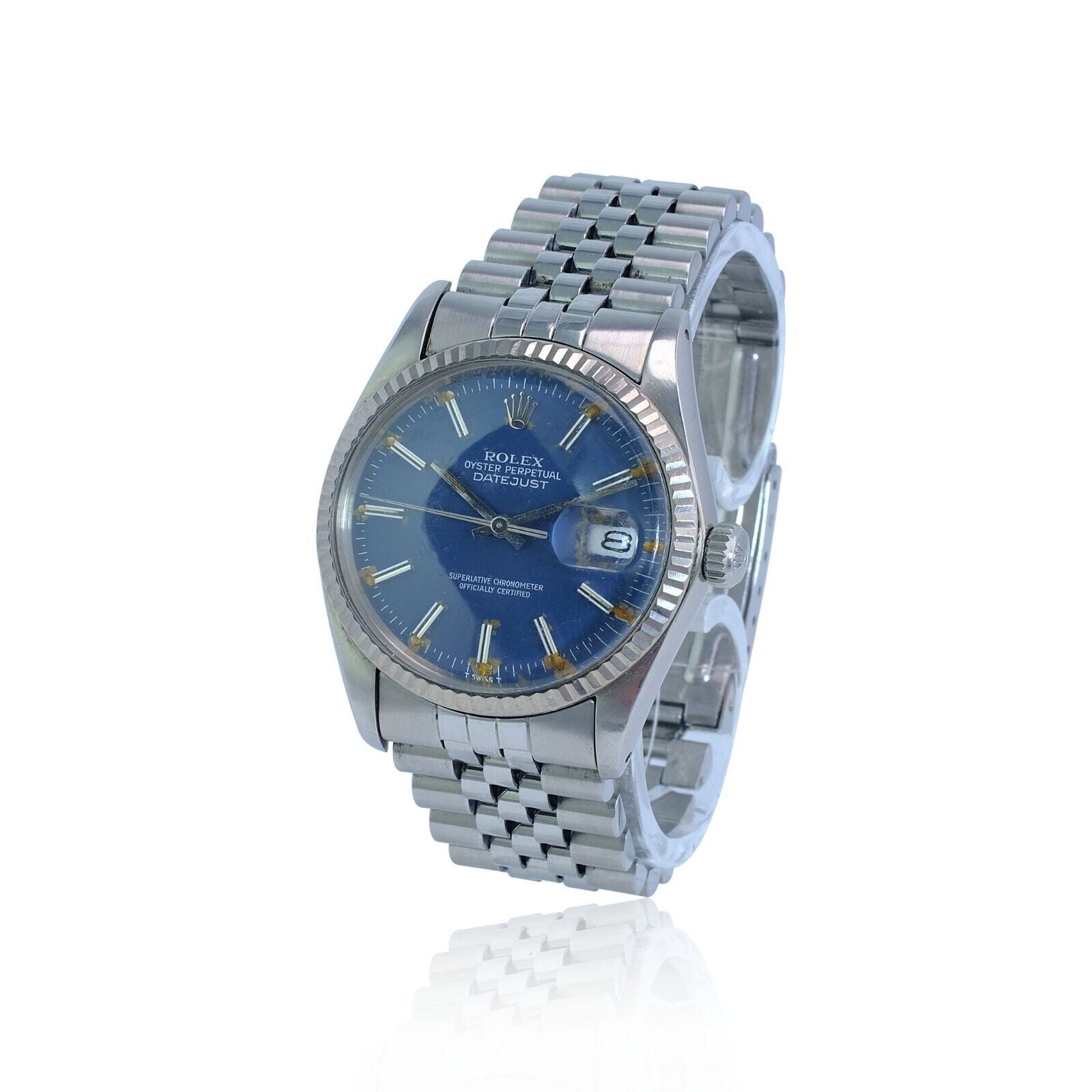 Rolex Men's Datejust Factory Blue Index Fatboy Dial 18kw Gold Bezel 36mm Watch - luxuriantconcierge