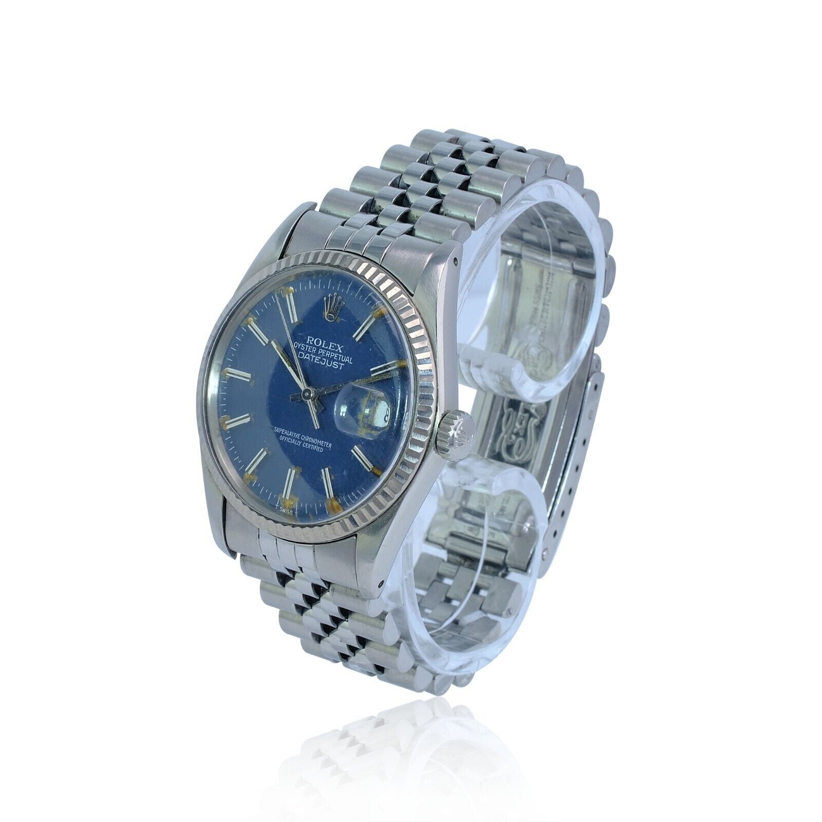 Rolex Men's Datejust Factory Blue Index Fatboy Dial 18kw Gold Bezel 36mm Watch - luxuriantconcierge