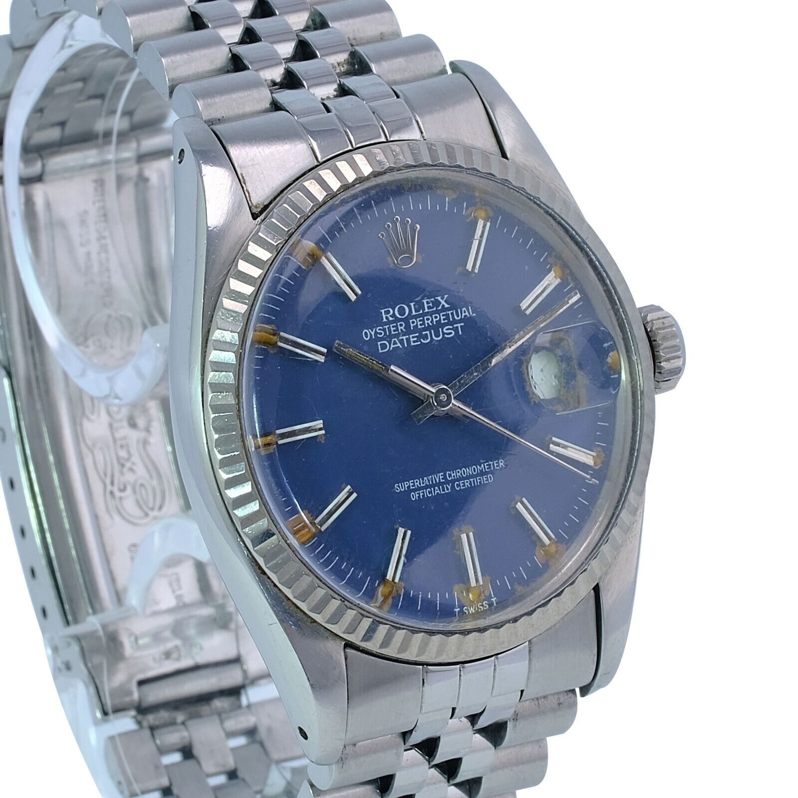 Rolex Men's Datejust Factory Blue Index Fatboy Dial 18kw Gold Bezel 36mm Watch - luxuriantconcierge