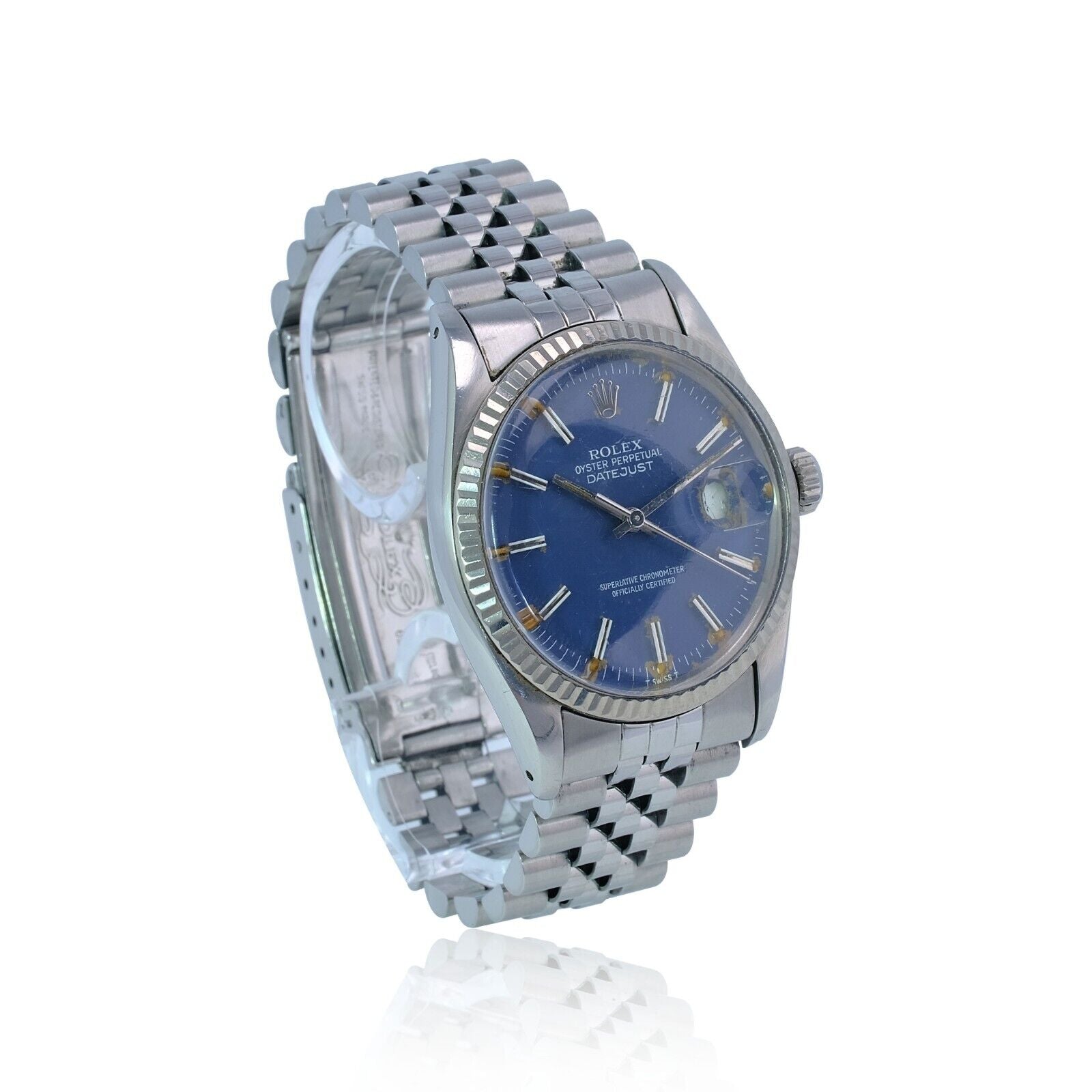 Rolex Men's Datejust Factory Blue Index Fatboy Dial 18kw Gold Bezel 36mm Watch - luxuriantconcierge