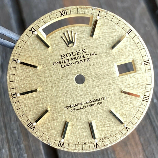 Original Rolex Day-Date 18K Yellow Champagne Linen Index Dial 36mm 18038 18238 - luxuriantconcierge