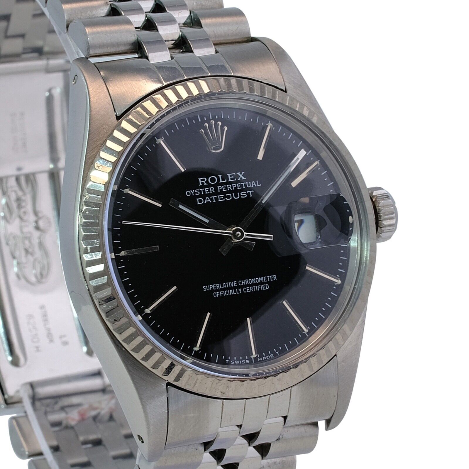 Mens Rolex Datejust 18kw & Ss Black Index Dial Fluted Jubilee Band Watch - luxuriantconcierge