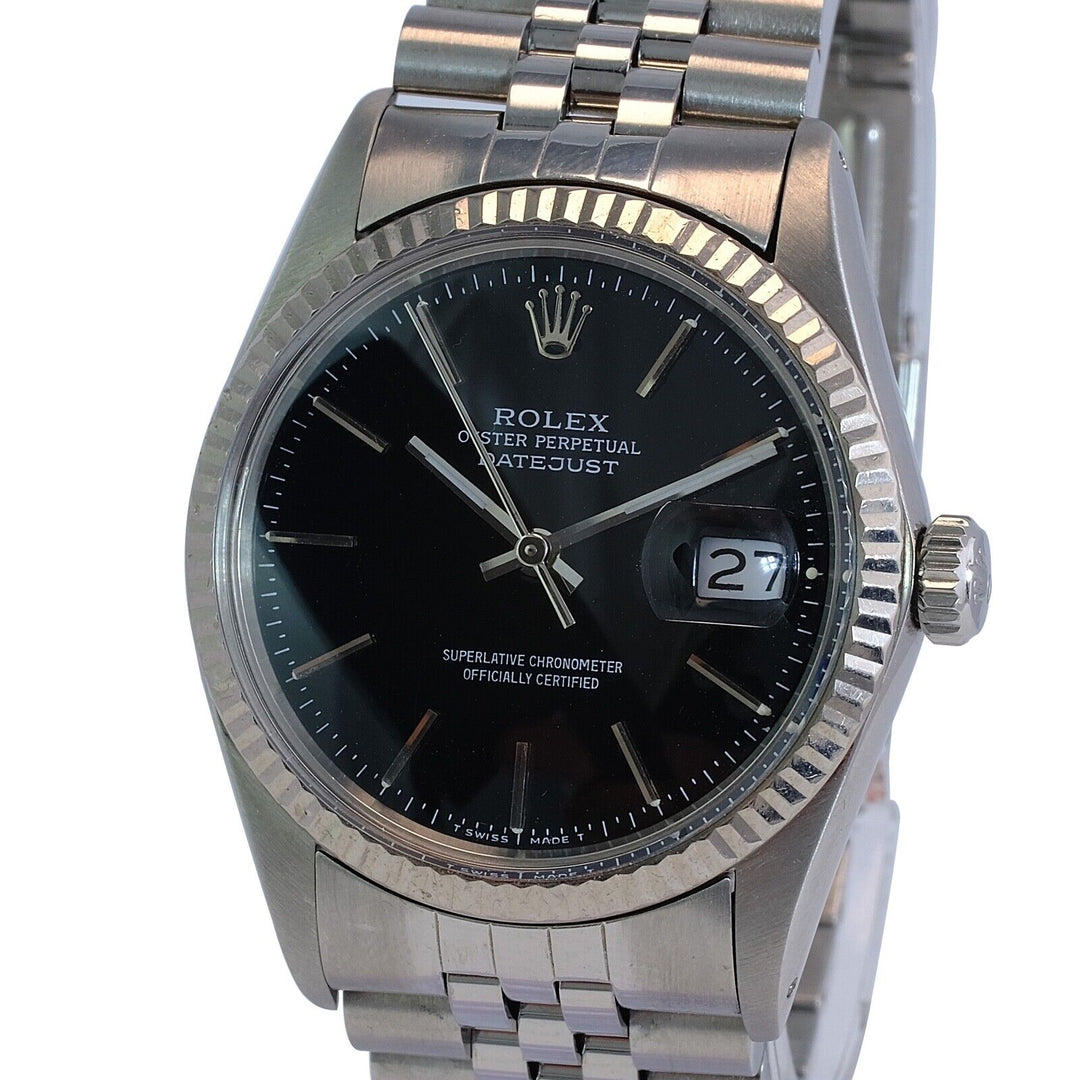 Mens Rolex Datejust 18kw & Ss Black Index Dial Fluted Jubilee Band Watch - luxuriantconcierge