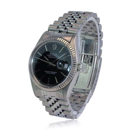 Mens Rolex Datejust 18kw & Ss Black Index Dial Fluted Jubilee Band Watch - luxuriantconcierge