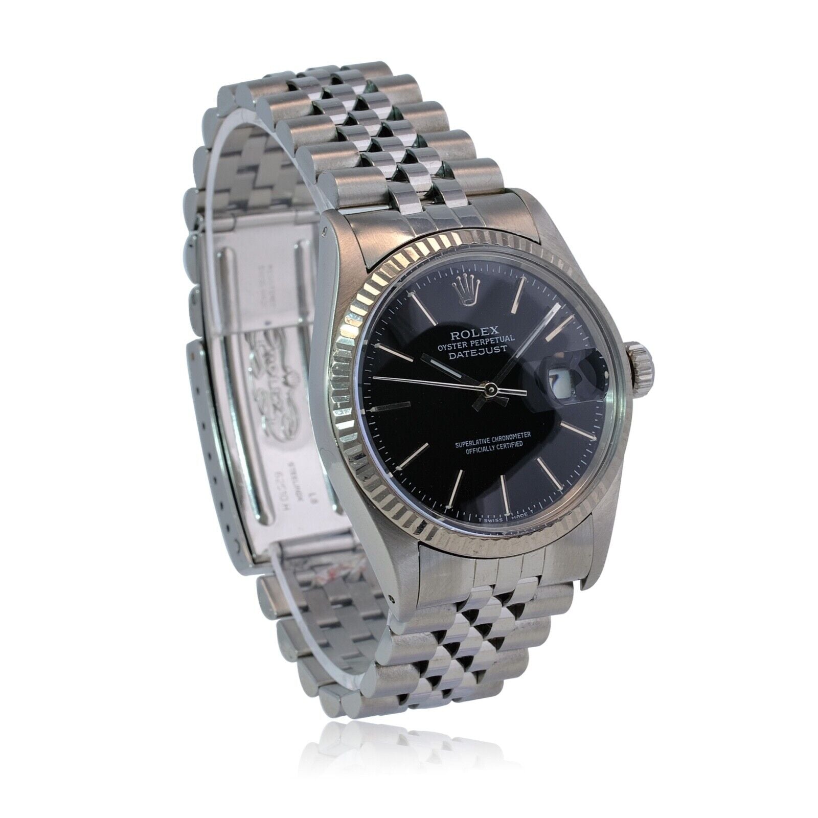 Mens Rolex Datejust 18kw & Ss Black Index Dial Fluted Jubilee Band Watch - luxuriantconcierge