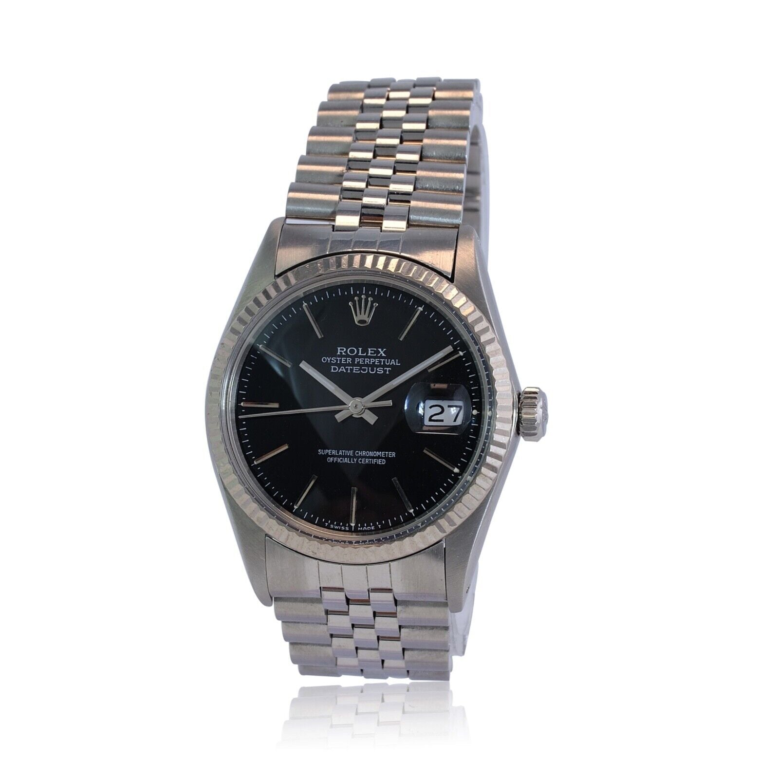 Mens Rolex Datejust 18kw & Ss Black Index Dial Fluted Jubilee Band Watch - luxuriantconcierge