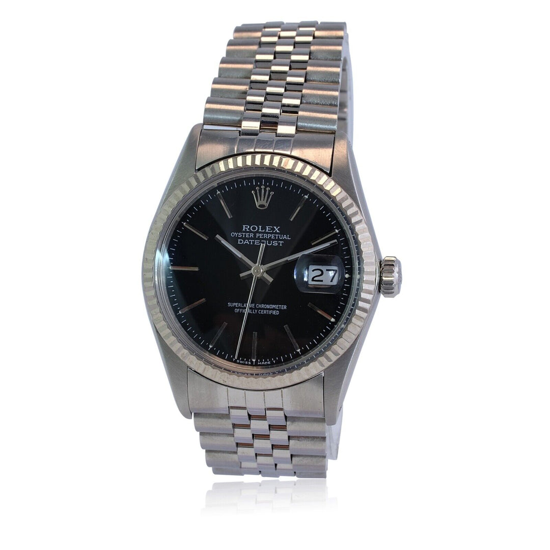 Mens Rolex Datejust 18kw & Ss Black Index Dial Fluted Jubilee Band Watch - luxuriantconcierge