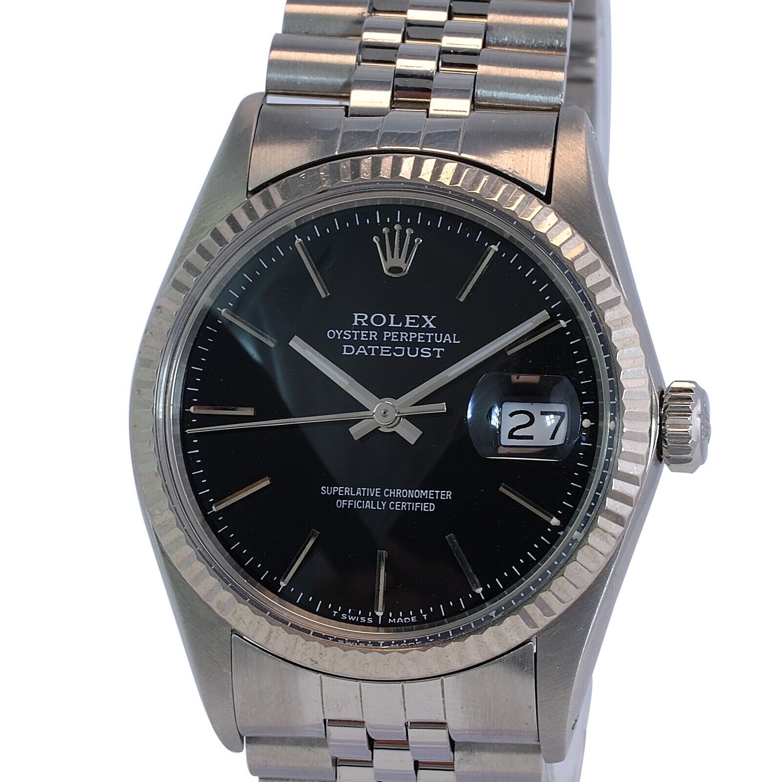 Mens Rolex Datejust 18kw & Ss Black Index Dial Fluted Jubilee Band Watch - luxuriantconcierge