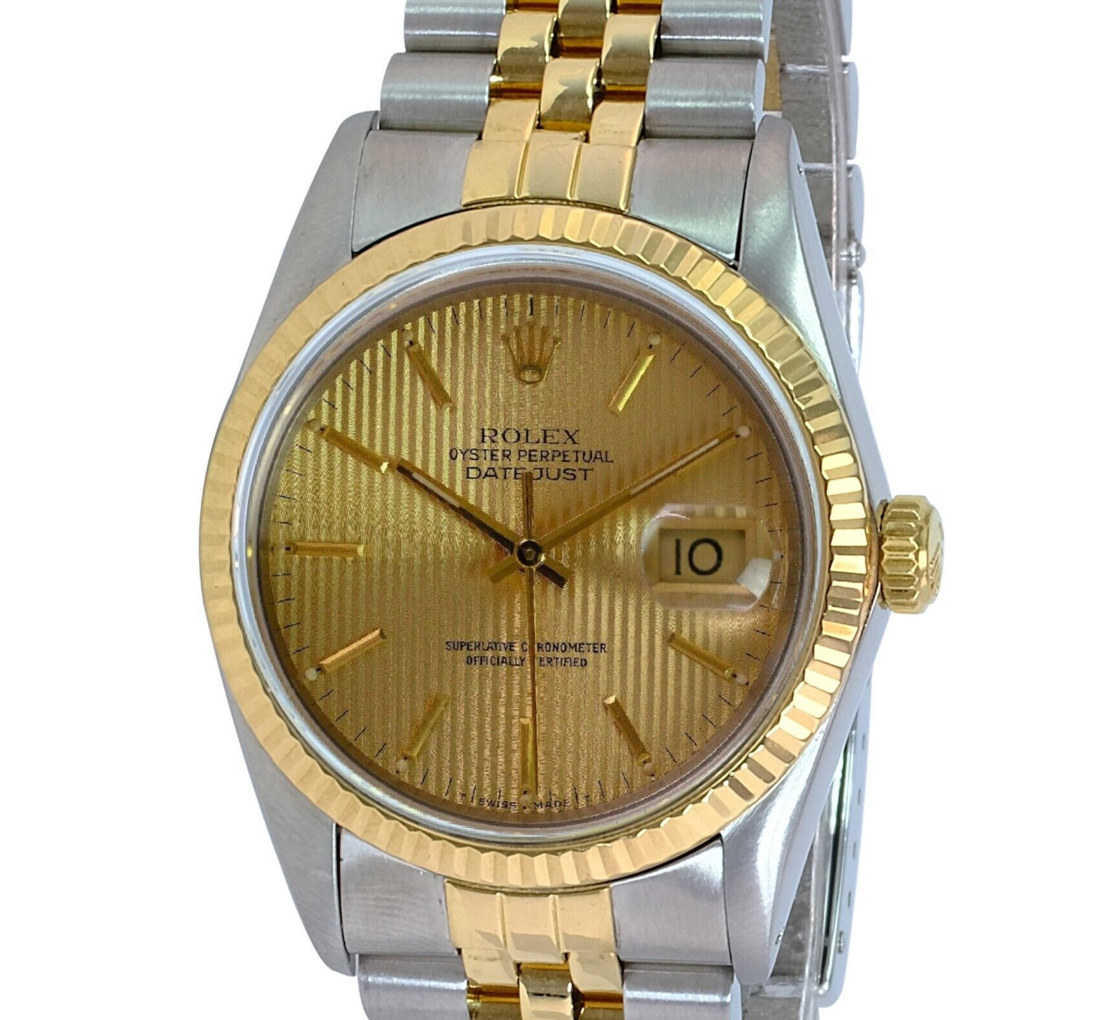 Rolex Men's Datejust Champagne Tapestry Dial 18KY Fluted Bezel 36mm - luxuriantconcierge