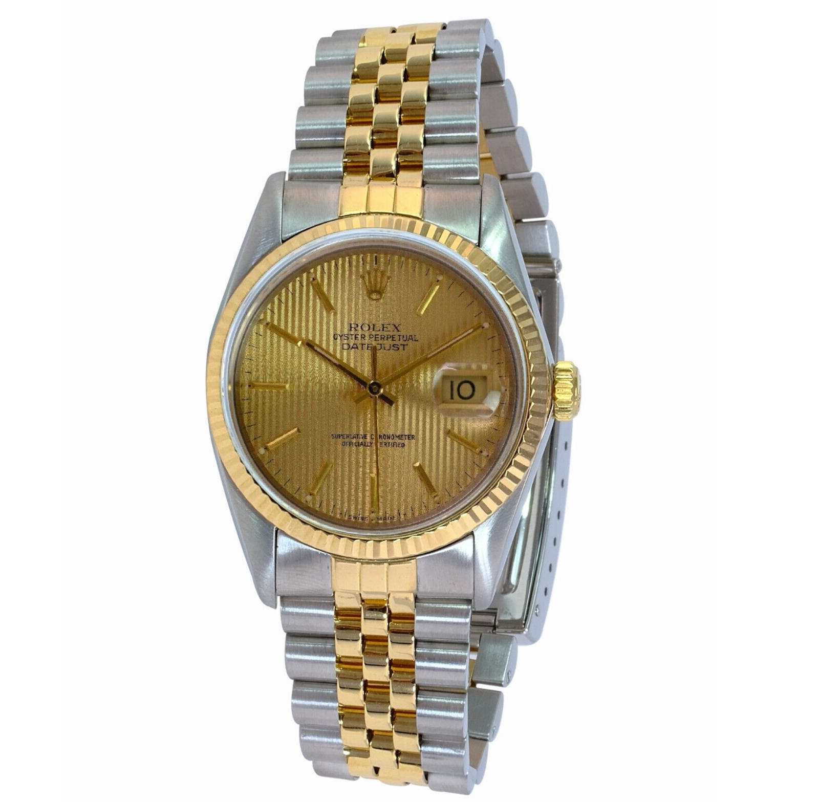 Rolex Men's Datejust Champagne Tapestry Dial 18KY Fluted Bezel 36mm - luxuriantconcierge