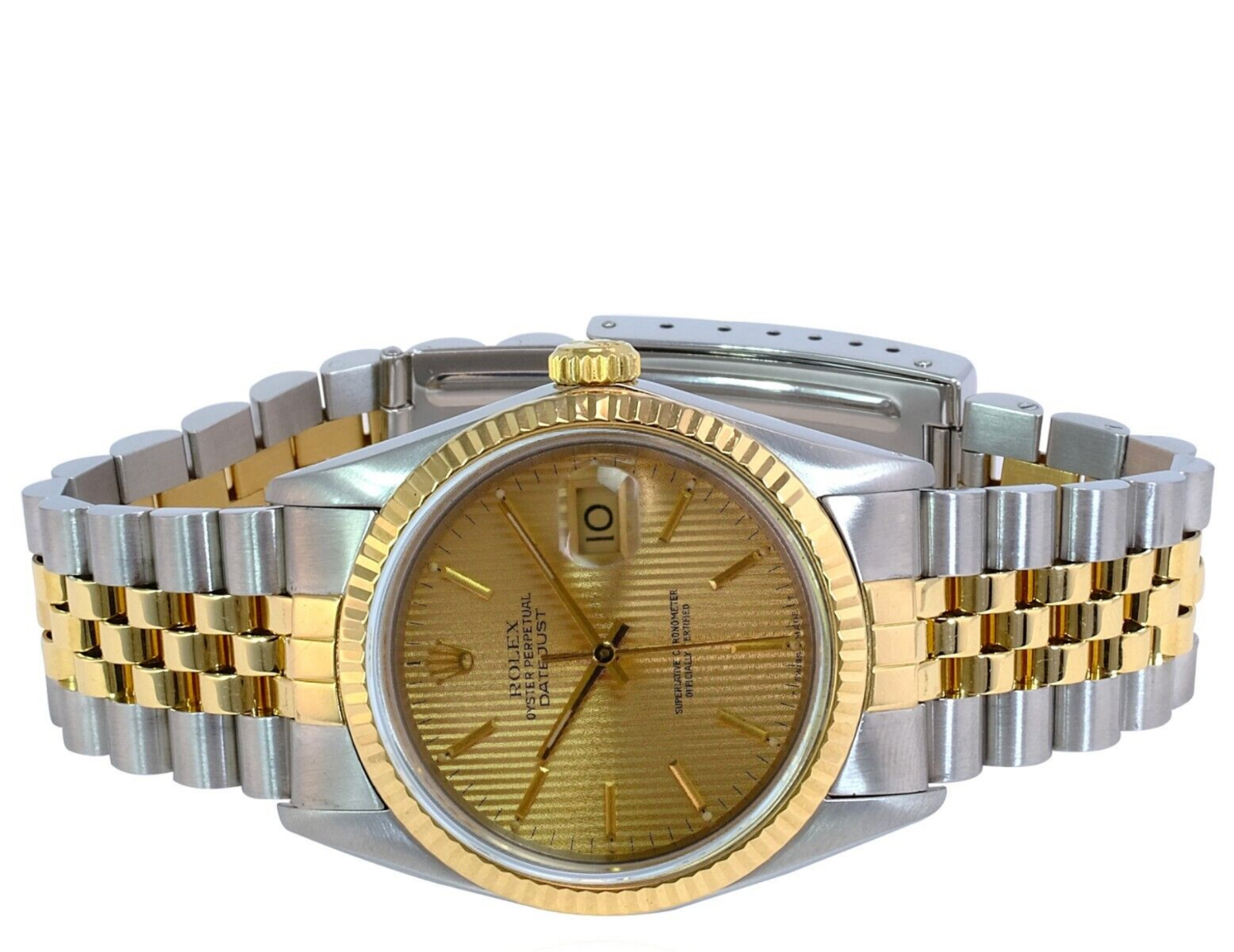 Rolex Men's Datejust Champagne Tapestry Dial 18KY Fluted Bezel 36mm - luxuriantconcierge