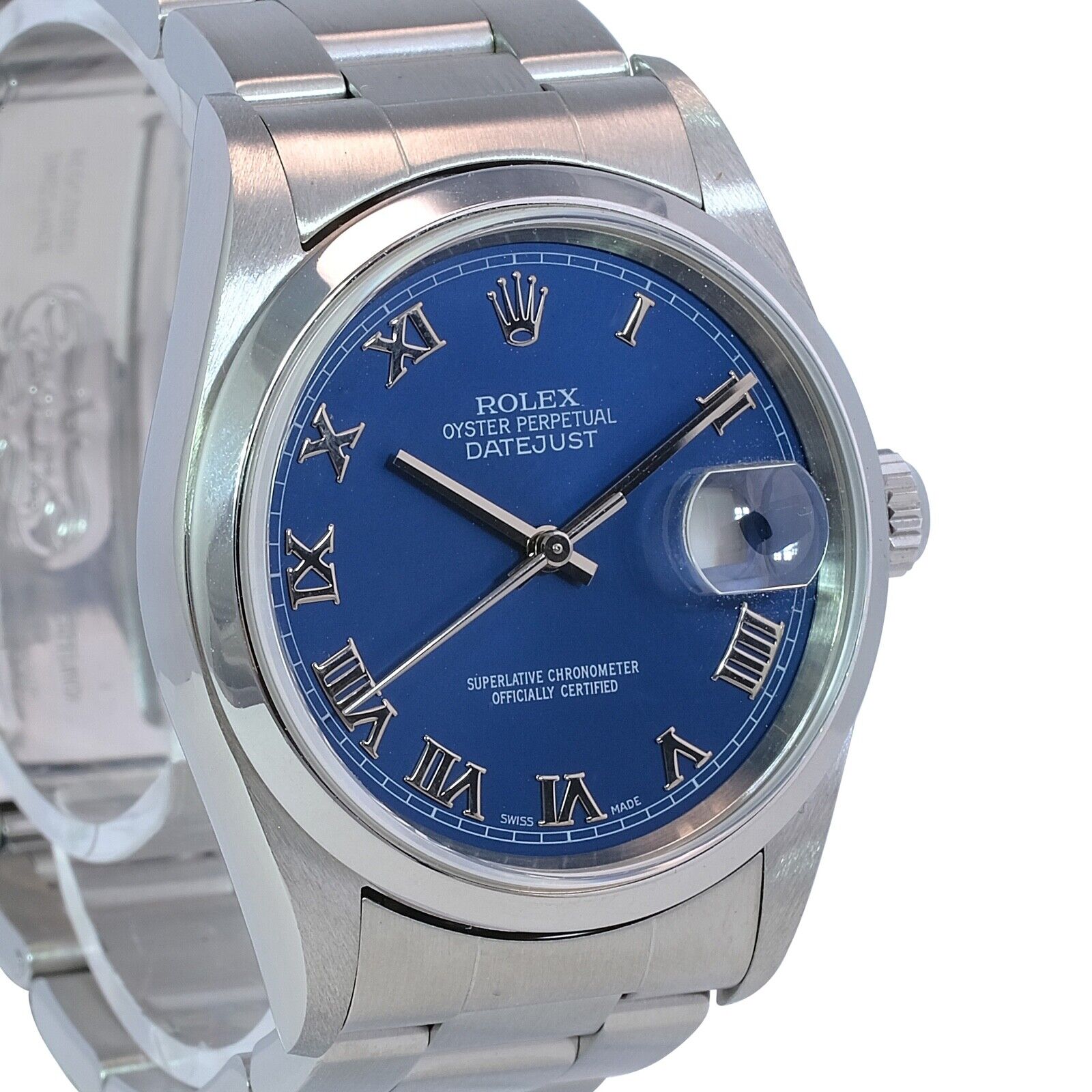 Rolex Mens Datejust 16200 Stainless Steel Blue Roman Oyster Band 36mm Watch - luxuriantconcierge