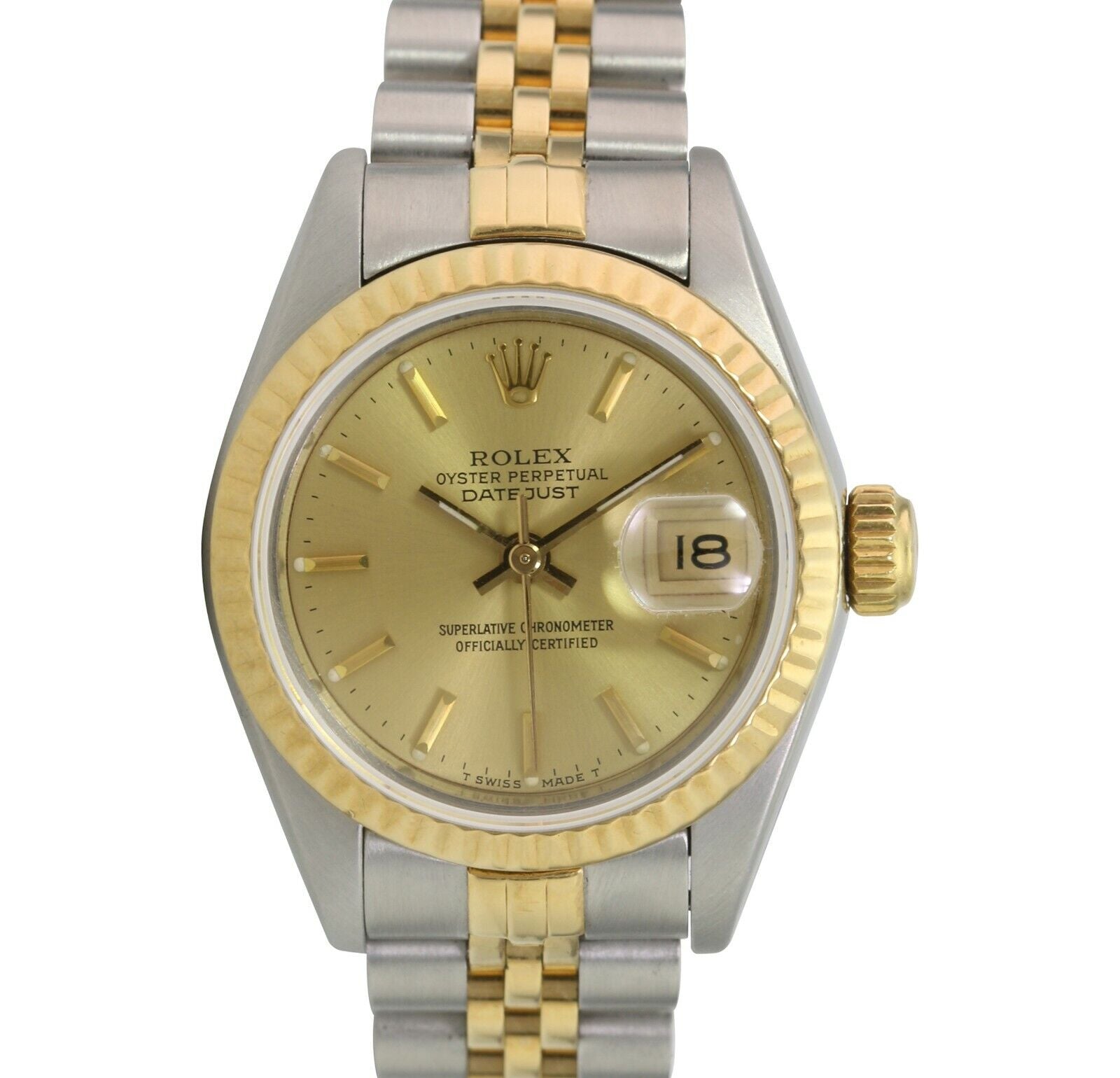 Rolex Datejust Ladies 18ky Gold & SS Champagne Dial Fluted Jubilee Watch 69173 - luxuriantconcierge