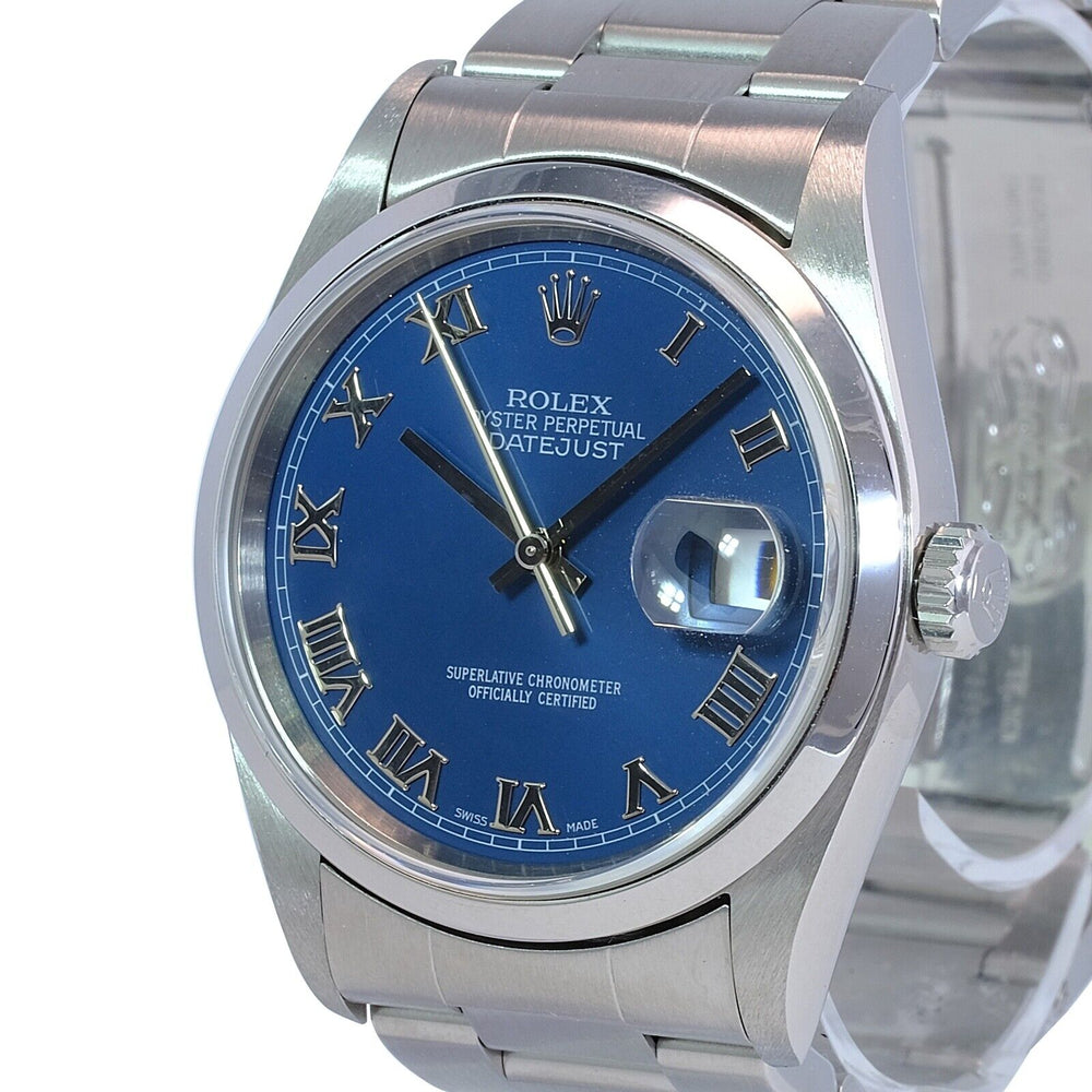 Rolex Mens Datejust 16200 Stainless Steel Blue Roman Oyster Band 36mm Watch - luxuriantconcierge