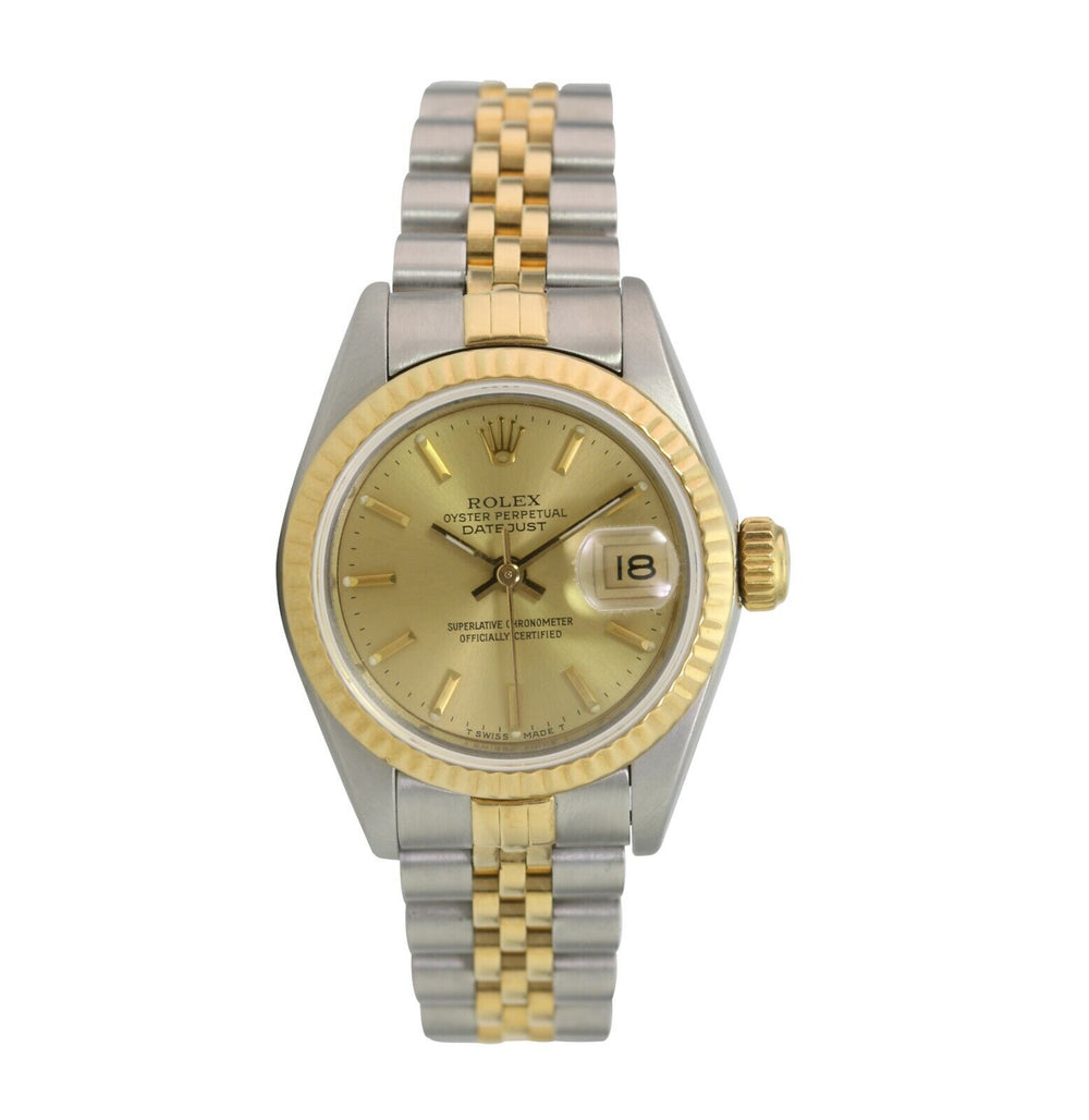 Rolex Datejust Ladies 18ky Gold & SS Champagne Dial Fluted Jubilee Watch 69173 - luxuriantconcierge