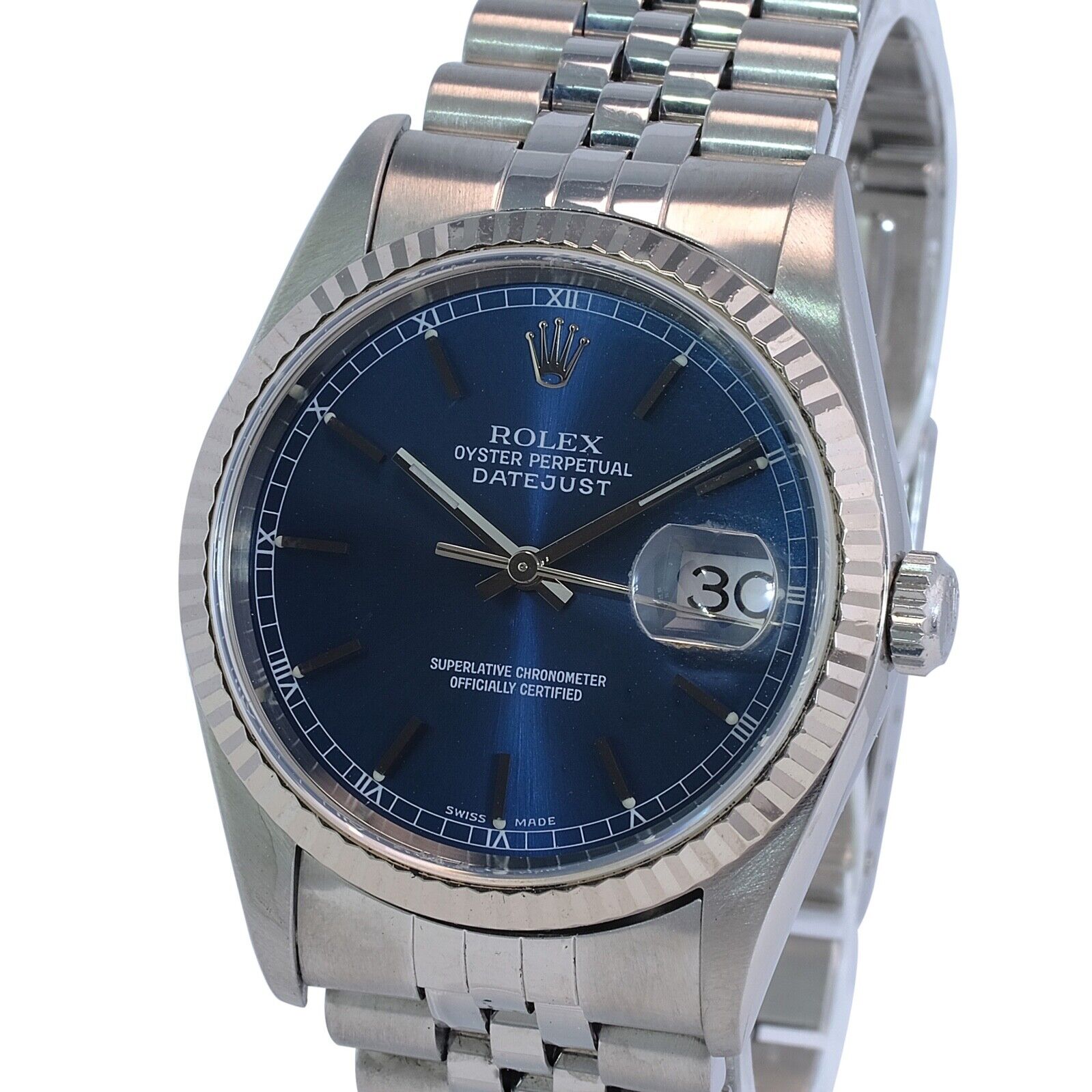 Rolex Mens Datejust 18k White Gold & SS Blue Index Dial Fluted Bezel Jubilee - luxuriantconcierge