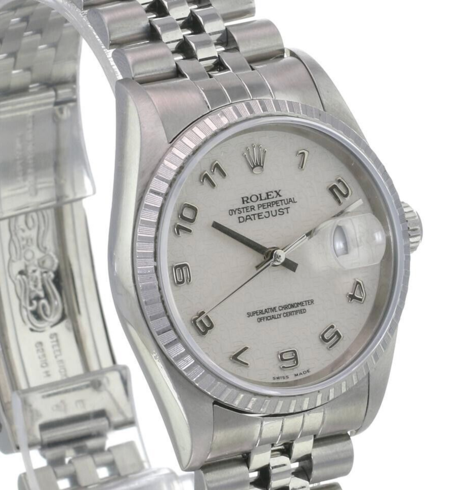 Rolex Men's Datejust SS Cream Jubilee Arabic Dial Engine-turned Bezel 36mm Watch - luxuriantconcierge