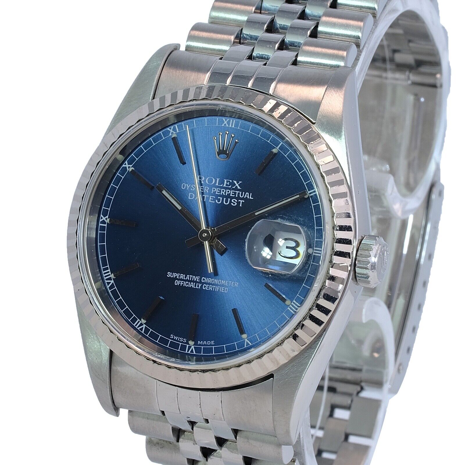 Rolex Mens Datejust 18k White Gold & SS Blue Index Dial Fluted Bezel Jubilee - luxuriantconcierge