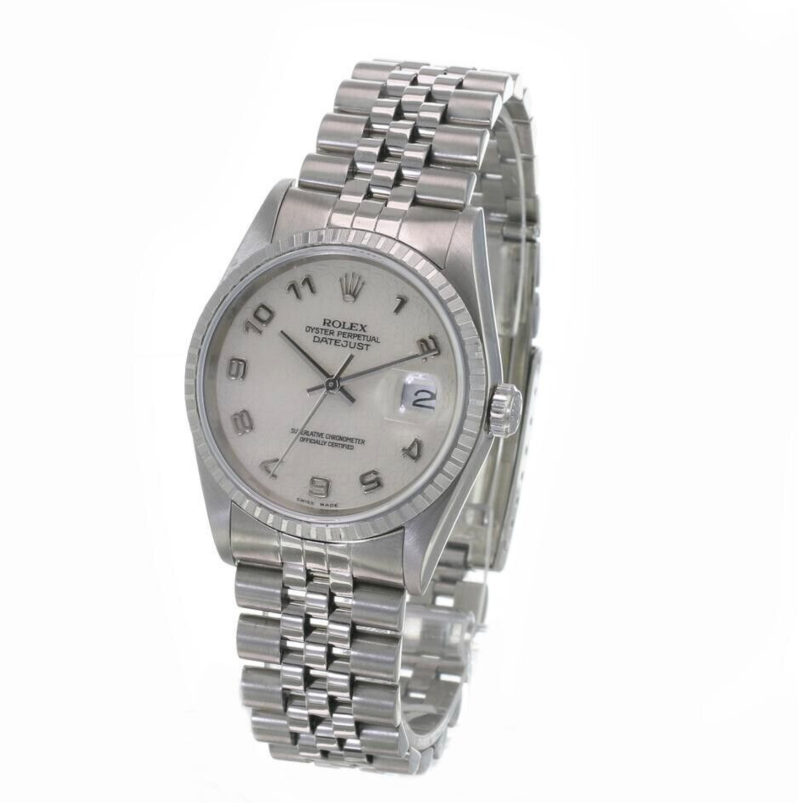 Rolex Men's Datejust SS Cream Jubilee Arabic Dial Engine-turned Bezel 36mm Watch - luxuriantconcierge